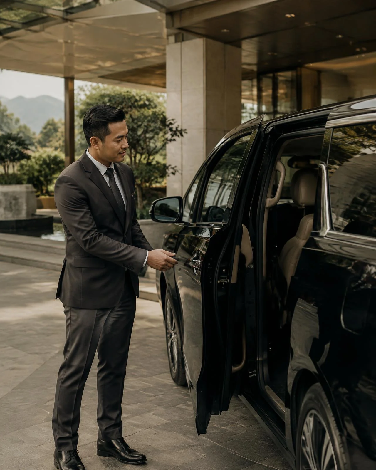 Driver profesional membukakan pintu kendaraan premium